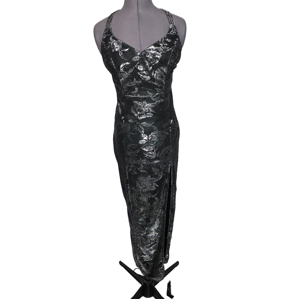 Vtg Y2K Prom Dress Black Metallic Floral Maxi Bodycon Glam L.A. Glo 36-30-36
